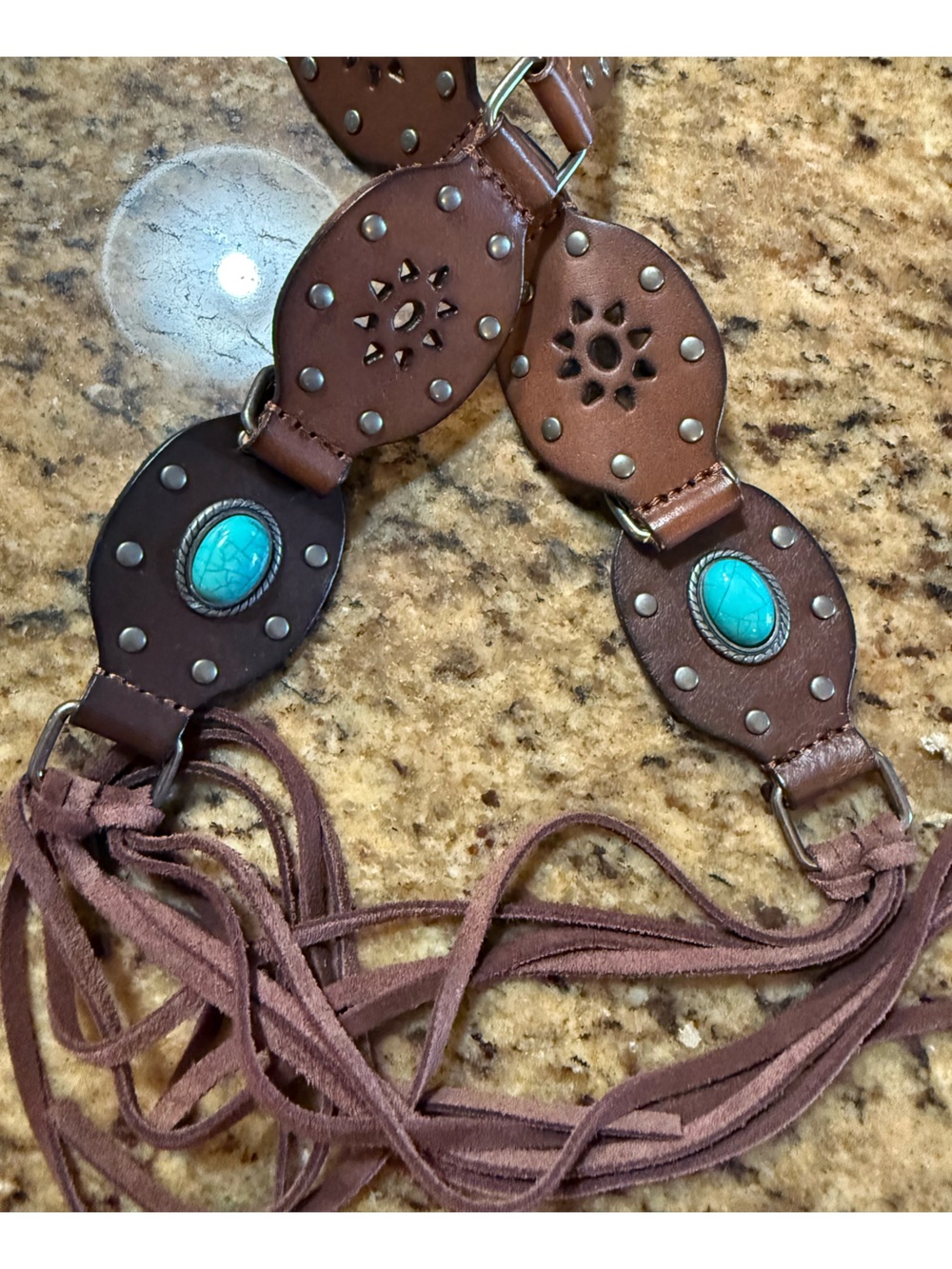Brown Leather Western Belt with Turquoise Colored Accents